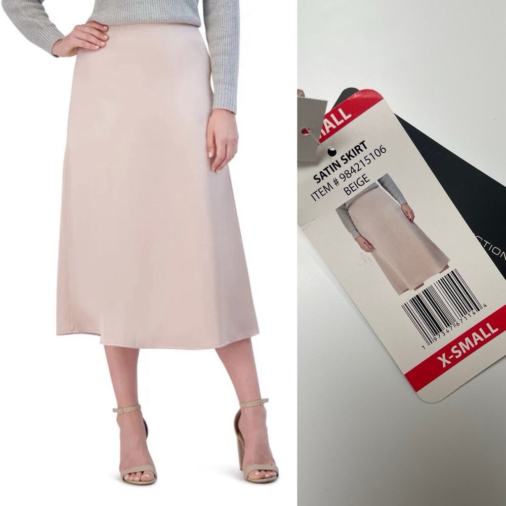 French Connection Women's Side Zipper Side Easy Care Satin Flowy Skirt‎ Beige XS